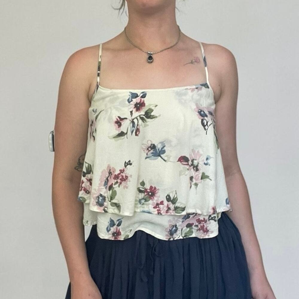 Hollister Cream & Pink Print Floral Layered Tank Top